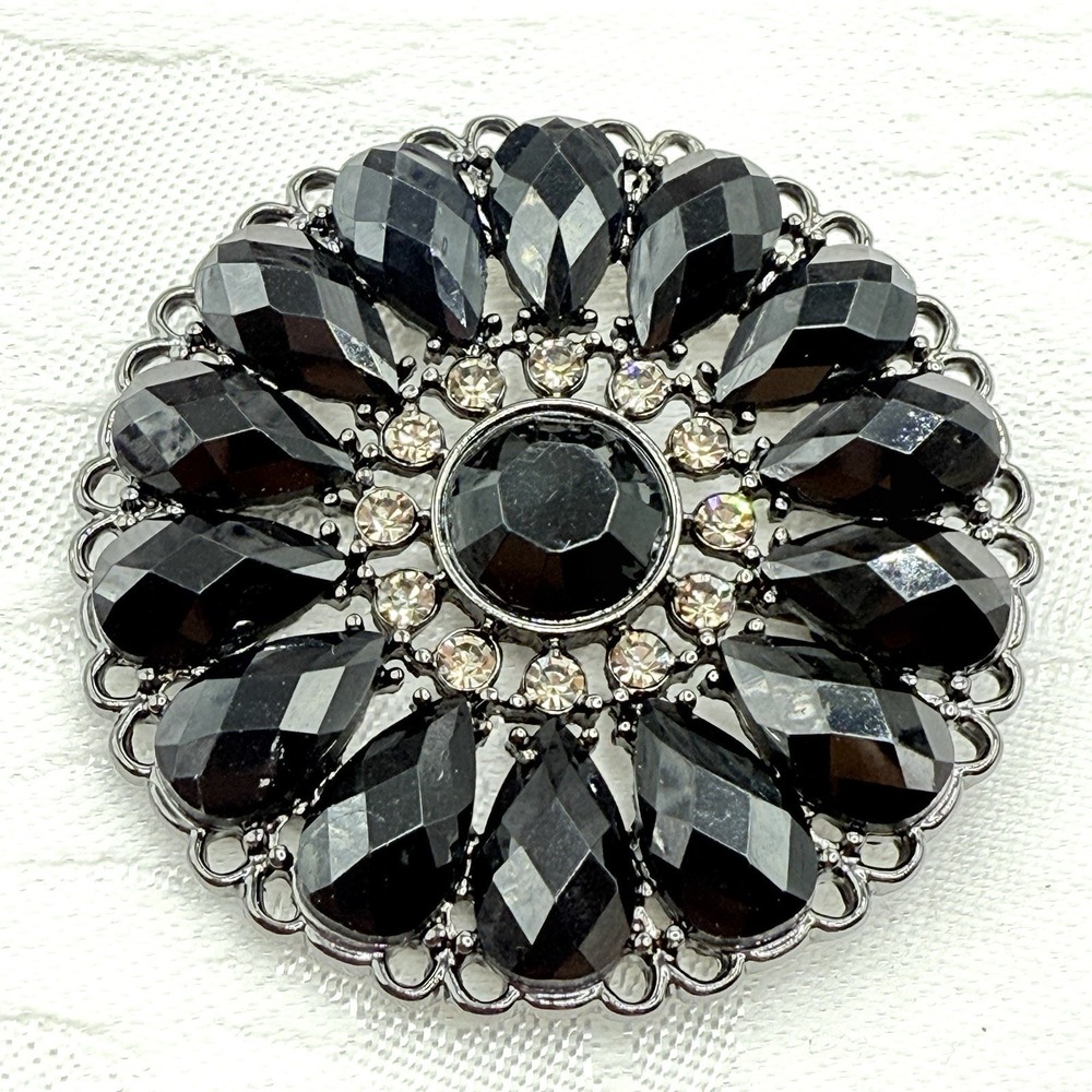Flower Sunflower Clear Rhinestone Black Onyx Premier Design Brooch Pendant‎